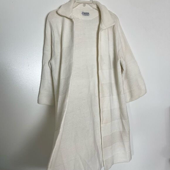 Cuddle Knit Vintage Sweater Coat Long Open Collared Cardigan Ivory Medium Large - Picture 3 of 6